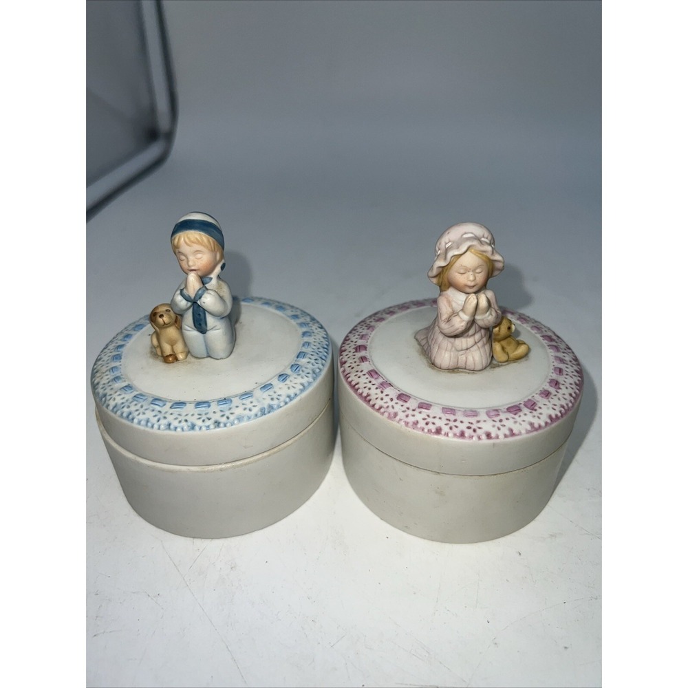 Holly Hobbie Porcelain Trinket Boxes- Little Girl And Boy Praying